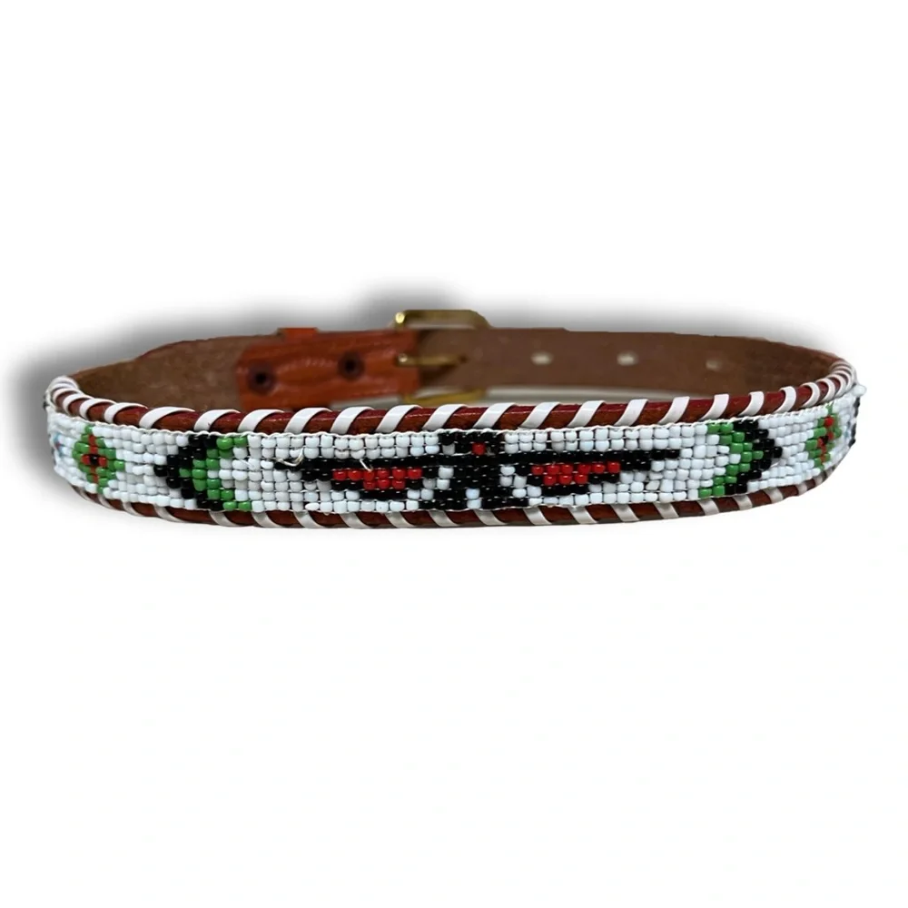 Native American Style Tooled Leather Belt with Beaded Design